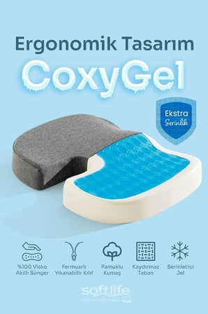 CoxyGel Serinleten Visco Oturma Minderi Jelli Ortopedik Coccyx Kuyruk Sokumu Minderi 45x34x7cm