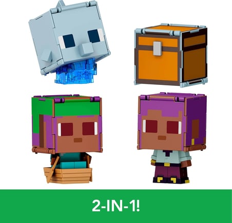 Minecraft Dönüşen Figürler 2'li Paket, dinamik oyun için 2'si 1 arada, 9 cm, büyük kafalı 2 aksiyon figürü, Efe/Sailboat ve Dolphin/Treasure Chest, JCY31
