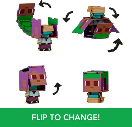 Minecraft Dönüşen Figürler 2'li Paket, dinamik oyun için 2'si 1 arada, 9 cm, büyük kafalı 2 aksiyon figürü, Efe/Sailboat ve Dolphin/Treasure Chest, JCY31