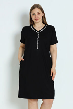 Kadın Büyük Beden Siyah Kısa Kollu Cepli Taş Detaylı Likralı Elbise