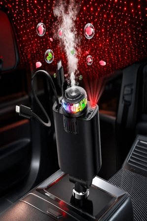 C7 Araç Şarj Cihazı 5in1 45W Hızlı Şarj Oto Parfüm Difüzör Type-C & Lightning Makaralı Kablo RGB Yıldız Işığı Araç İçi Nemlendirici