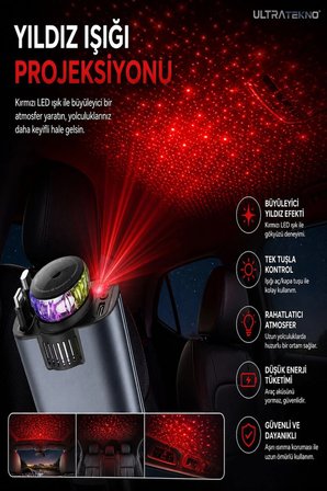 C7 Araç Şarj Cihazı 5in1 45W Hızlı Şarj Oto Parfüm Difüzör Type-C & Lightning Makaralı Kablo RGB Yıldız Işığı Araç İçi Nemlendirici