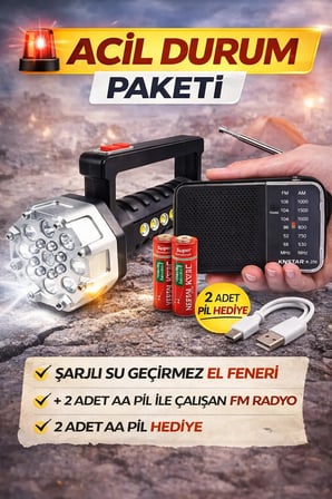 Acil Durum Deprem Paketi Şarjlı Güçlü LED El Feneri + FM Radyo + 2 Adet AA Pil Deprem Çantası Seti
