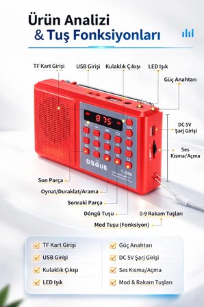 Y096 Deprem Radyosu Bluetoothlu Şarjlı Acil Durum Radyosu FM/USB/TF Kart Destekli LED Fenerli Radyo