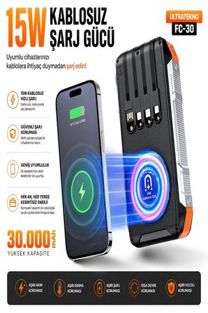 FC-30 30000 mAh Solar Powerbank PD 22.5W Hızlı Şarj 15W Kablosuz Şarj Çift LED Fenerli Taşınabilir Şarj Cihazı