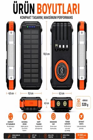 FC-30 30000 mAh Solar Powerbank PD 22.5W Hızlı Şarj 15W Kablosuz Şarj Çift LED Fenerli Taşınabilir Şarj Cihazı