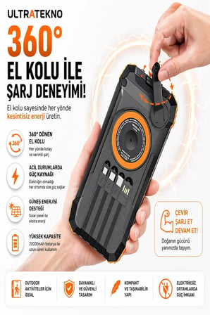 FC-20 20000 mAh Solar Powerbank 22.5W Hızlı Şarj Kablosuz Şarj El Kranklı LED Fenerli Taşınabilir Şarj Cihazı