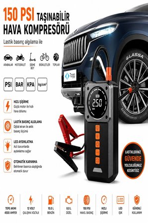 8.000mAh Powerbank Şarjlı Akü Takviye Cihazı 4500A Tepe Akımlı Akü Takviyeli Oto Hava Kompresör 150 PSI