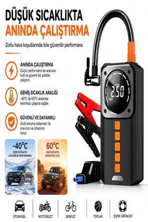 8.000mAh Powerbank Şarjlı Akü Takviye Cihazı 4500A Tepe Akımlı Akü Takviyeli Oto Hava Kompresör 150 PSI