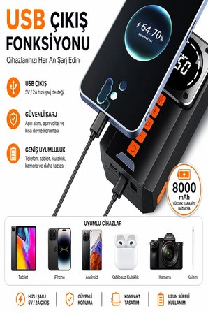 8.000mAh Powerbank Şarjlı Akü Takviye Cihazı 4500A Tepe Akımlı Akü Takviyeli Oto Hava Kompresör 150 PSI