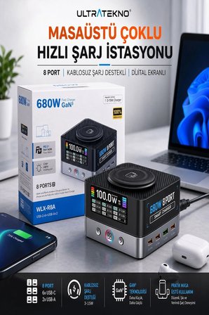 680W GaN Masaüstü Çoklu Şarj İstasyonu PD 3.1 USB-C Laptop Macbook Telefon Tablet Akıllı Saat Şarj Cihazı