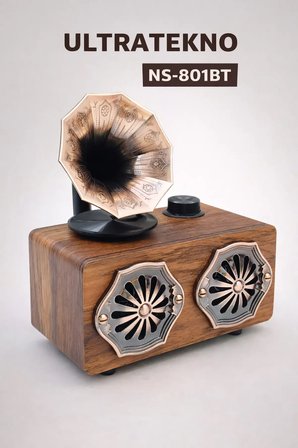 NS-801BT Gerçek Ahşap Gramofon Görünümlü Bluetooth Hoparlör & Nostaljik Radyo
