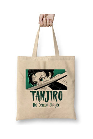 Tanjiro Demon Slayer Beyaz Bez Çanta Uzun Saplı Alışveriş Çantası Plaj Çantası