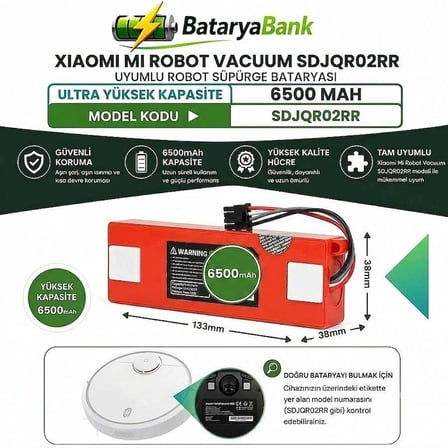 Mi Robot Vacuum SDJQR02RR Uyumlu Robot Süpürge Bataryası 14.4V-14.8V 6500mAh Yüksek Kapasiteli Li-ion Pil