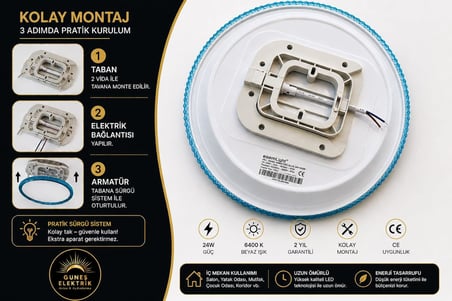 24 w Kristal Çerçeveli Tavan Armatürü, Esemlight,6400 K Beyaz Işık (turuncu)