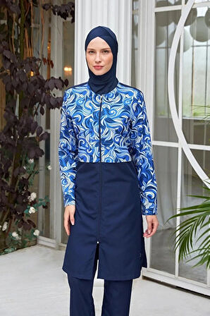 Rozamay 253502 Viola Lacivert  Tam Boy Lycralı Dijital Desen Tesettür Mayo