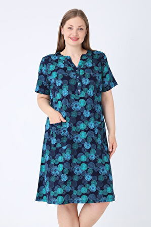 Lacivert Desenli V Yaka Düğme Detaylı Cepli Kısa Kollu Kadın Büyük Beden Pamuklu Elbise