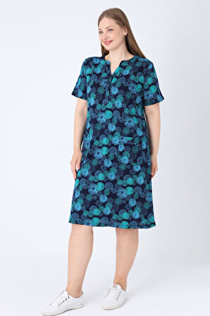 Lacivert Desenli V Yaka Düğme Detaylı Cepli Kısa Kollu Kadın Büyük Beden Pamuklu Elbise