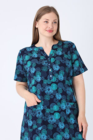 Lacivert Desenli V Yaka Düğme Detaylı Cepli Kısa Kollu Kadın Büyük Beden Pamuklu Elbise