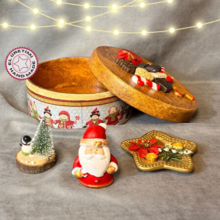 Uretti - Funda 1603 - El Yapımı Ahşap Kutu + Noel Baba Biblo + Kardan Adam Biblo + Mumluk Dekoratif Yılbaşı Seti