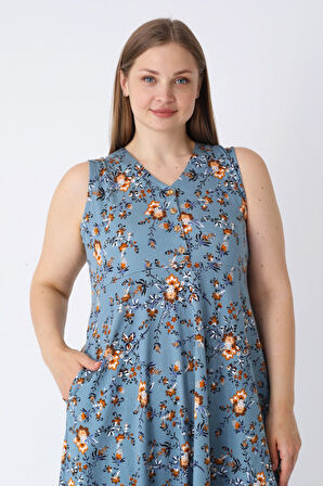 Kadın Çiçek Desenli Cepli Düğmeli Askılı Büyük Beden Pamuklu Elbise