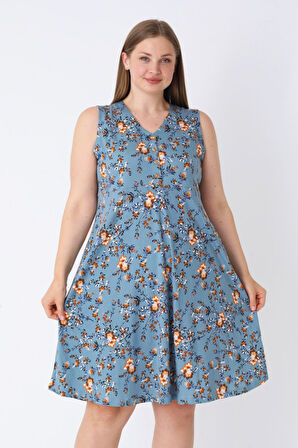 Kadın Çiçek Desenli Cepli Düğmeli Askılı Büyük Beden Pamuklu Elbise