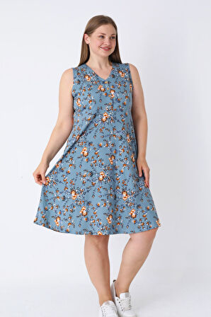 Kadın Çiçek Desenli Cepli Düğmeli Askılı Büyük Beden Pamuklu Elbise