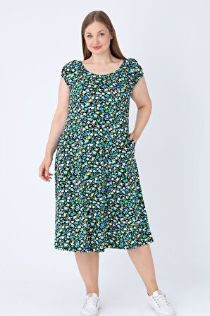 Çiçek Desenli Askılı Cepli Pamuklu Kadın Büyük Beden Elbise