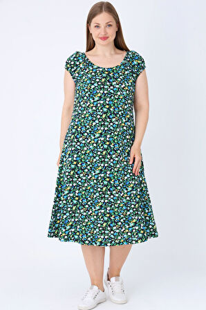 Çiçek Desenli Askılı Cepli Pamuklu Kadın Büyük Beden Elbise