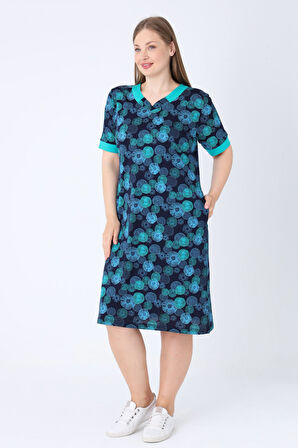 Büyük Beden Lacivert Desenli Pamuklu Cepli Biye Detaylı V Yaka Kısa Kollu Büyük Beden Elbise