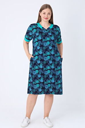 Büyük Beden Lacivert Desenli Pamuklu Cepli Biye Detaylı V Yaka Kısa Kollu Büyük Beden Elbise