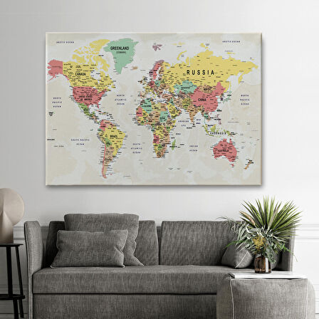 Harita Sepeti Dünya Haritası Son Derece Ayrıntılı Eğitici Okyanuslu Dekoratif Kanvas Tablo 2535