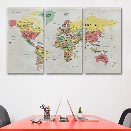 Harita Sepeti Dünya Haritası Son Derece Ayrıntılı Eğitici Okyanuslu Dekoratif Kanvas Tablo 2535