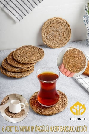 6 Adet El Yapımı Yuvarlak Hasır Bardak Altlığı - Fincan, Çay ve Kupa Altlığı - 10cm