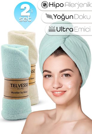 Mikrofiber Saç Havlusu Süper Emici Hızlı Kuruyan Türban Saç Havlusu Şapkası – Uzun Kıvırcık Kalın Saçlar İçin Duş Saç Kurutma Havlusu, Plaj Havuz Banyo Kullanım (2li Krem + Turkuaz)