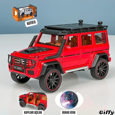 Mercedes G Seri Arazi Aracı Die Cast Model Kutulu Buhar Atan Çek Bırak Full Fonksiyon Kapıları Açılan 1:22 Ölçek Model Araba Kutulu Koleksiyonluk Ürün (Kırmızı)