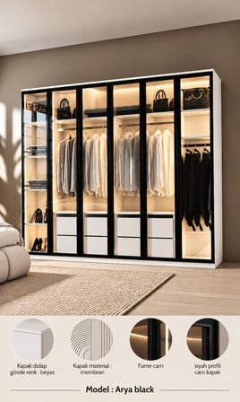  Arya Black MDF Gardırop Elbise Dolabı Mebran Cam Kapaklı 240x218x57