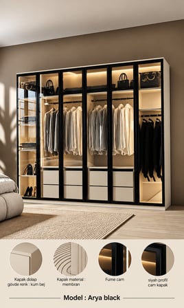  Arya Black MDF Gardırop Elbise Dolabı Mebran Cam Kapaklı 240x218x57