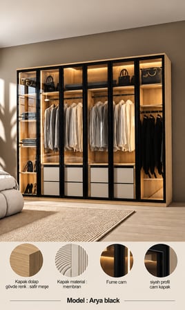  Arya Black MDF Gardırop Elbise Dolabı Mebran Cam Kapaklı 240x218x57