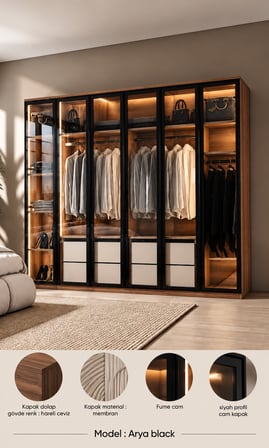  Arya Black MDF Gardırop Elbise Dolabı Mebran Cam Kapaklı 240x218x57