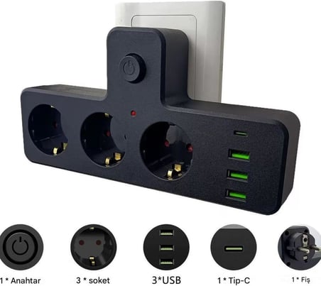 3’lü Akım ve Termal Korumalı Priz – 3x USB-A + 1x USB-C PD 20W Hızlı Şarj, Çoklu Cihaz Uyumlu