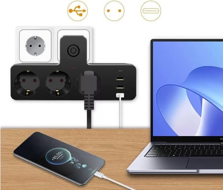 3’lü Akım ve Termal Korumalı Priz – 3x USB-A + 1x USB-C PD 20W Hızlı Şarj, Çoklu Cihaz Uyumlu