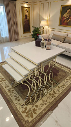 Limbo 4'lü Kare Zigon Sehpa Seti Gold Ayak, Krem Mdf