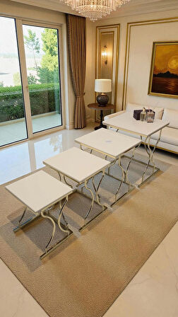 Limbo 4'lü Kare Zigon Sehpa Seti Gold Ayak, Krem Mdf