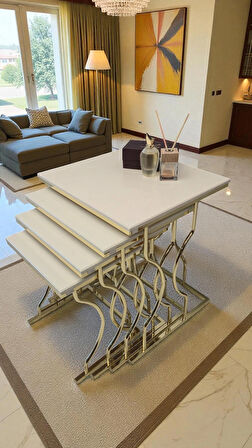 Limbo 4'lü Kare Zigon Sehpa Seti Gold Ayak, Krem Mdf