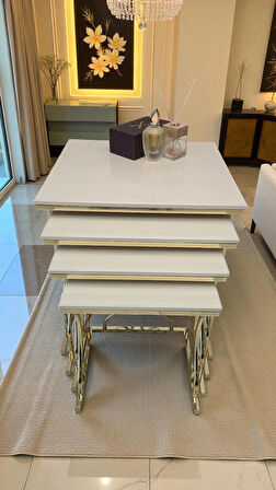 Limbo 4'lü Kare Zigon Sehpa Seti Gold Ayak, Krem Mdf