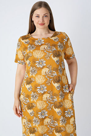 Desenli Pamuklu Kadın Büyük Beden Kısa Kollu Cepli Elbise