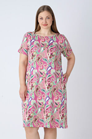 Kadın Büyük Beden Desenli Kısa Kollu Cepli Pamuklu Elbise