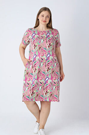 Kadın Büyük Beden Desenli Kısa Kollu Cepli Pamuklu Elbise