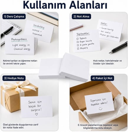 200 Adet 7 x 10 cm Boş Not Kartı – 200 Gr Kalın 1. Hamur Beyaz Kâğıt – Ders Çalışma, Hediye Notu, Paket İçi Teşekkür ve Hatırlatma Kartı